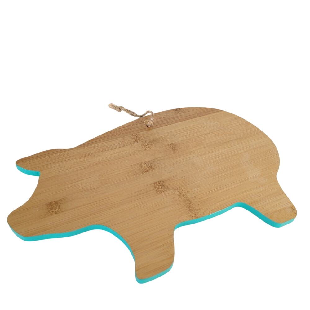 Bamboo Wood Pig Shaped Cutting Board 13.5" Long, Turquoise Sides, Chopping